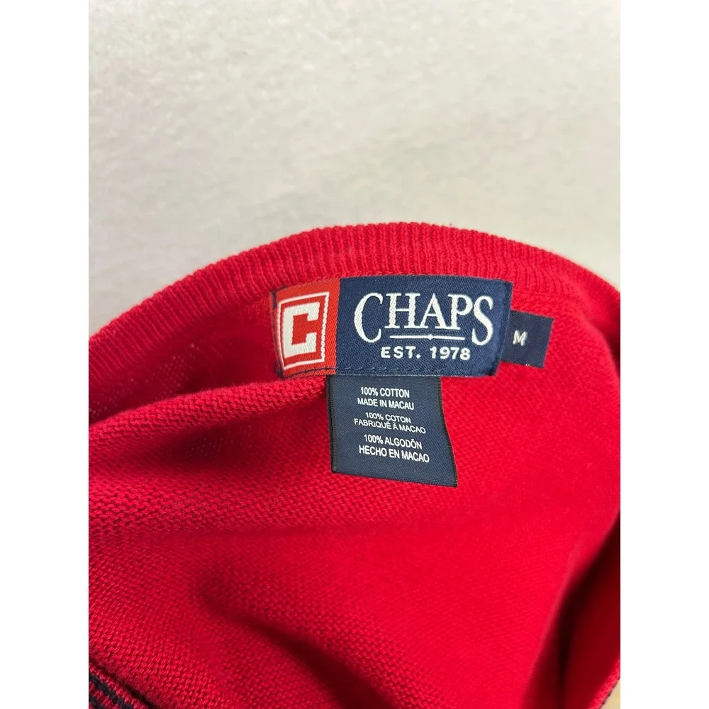 Chaps Red V Neck Cotton Sweater Men's Size M Embroidered‎ Logo Casual Peppy